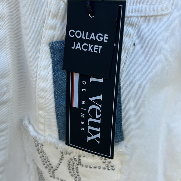 NWT Si Tu Veux White Collage Denim Jacket Sz Large Luxury Denim - Picture 4 of 10